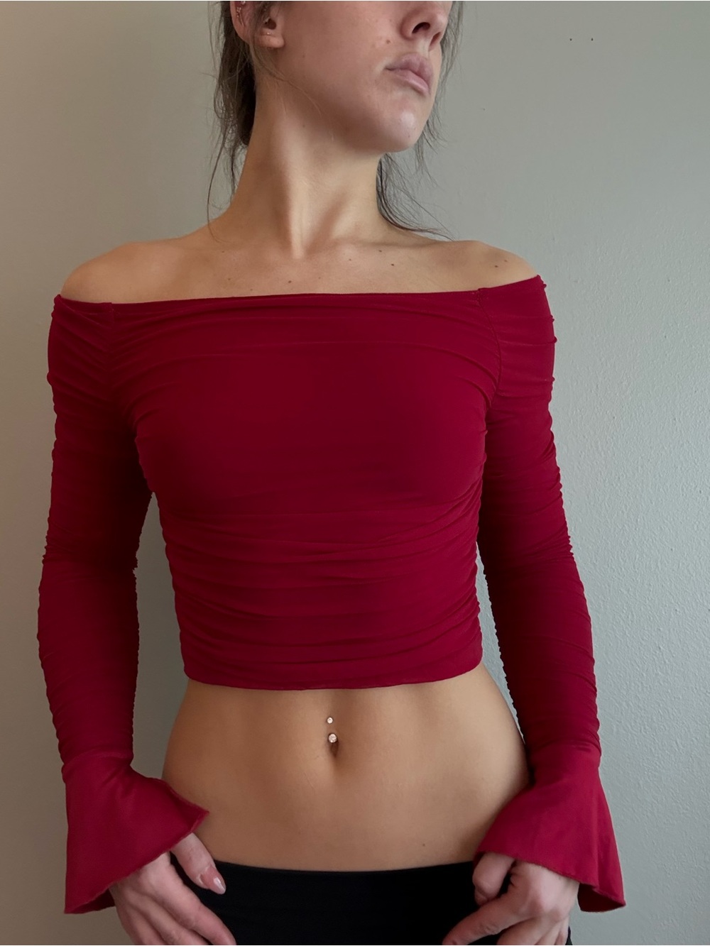 Off-Shoulder Long Sleeve Crop Top in Deep Red